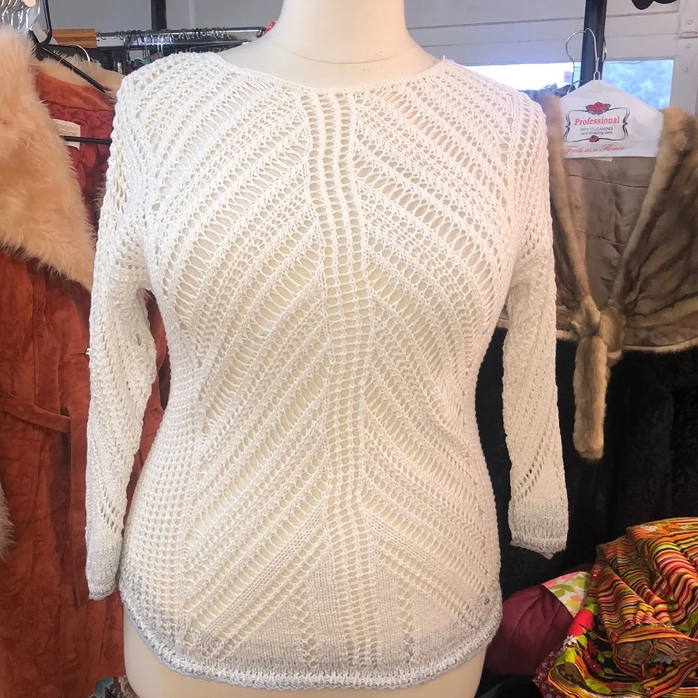 Coldwater Creek- crocheted cotton blend sweater - white w/grey ombre trim